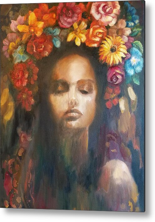 Solstice Woman Flowers Summer Portrait Oil Canvas Metal Print featuring the painting Solstice Soul by Caroline Philp