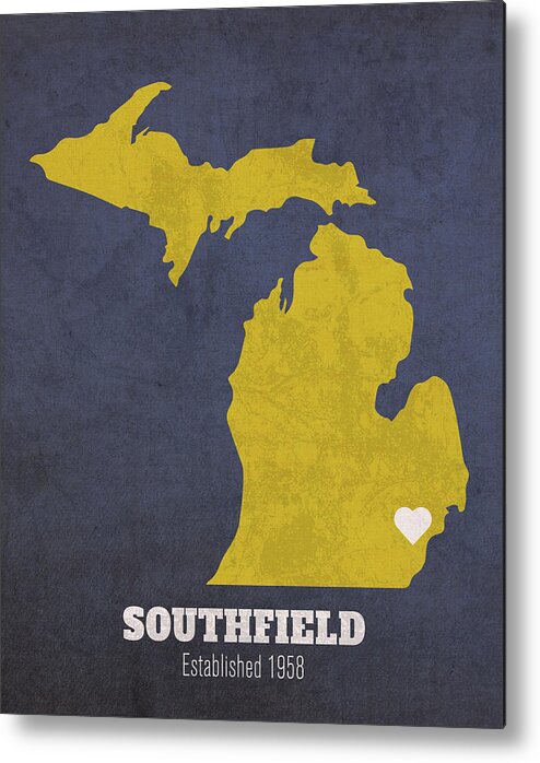 Southfield Metal Print featuring the mixed media Southfield Michigan City Map Founded 1958 University of Michigan Color Palette by Design Turnpike