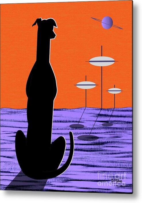 Mid Century Modern Metal Print featuring the digital art Space Dog Orange Sky by Donna Mibus