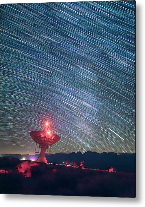 Star Trails Metal Print featuring the photograph Star Trails and Radio Tower by Lindsay Thomson