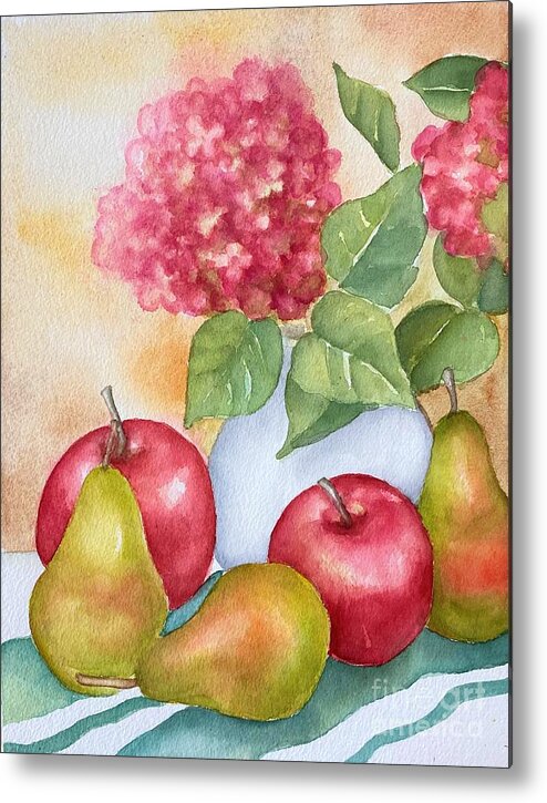 Apple Still Life Metal Print featuring the painting Still life with fruit and hydrangea by Inese Poga