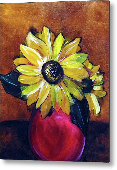  Metal Print featuring the painting Sunflowers in red vase by Loretta Nash