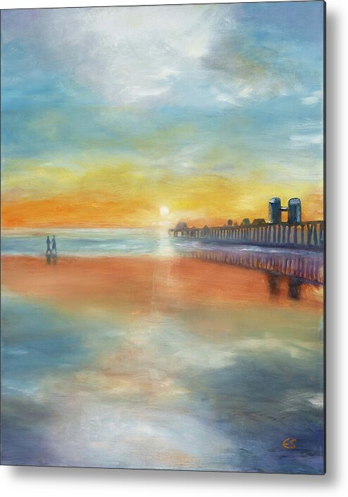 Yellow Metal Print featuring the painting Sunset at the Pier by Evelyn Snyder