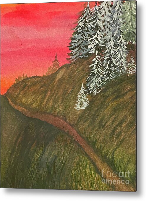 Sunset Metal Print featuring the painting Sunset Trail with Snowy Trees by Lisa Neuman