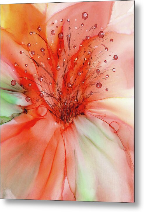 Beautiful Floral Painting In Orange Hues With Detailed Center. Lots Of Energy And Movement In The Piece! Original Painting Was Done In Vibrant Alcohol Ink Which Has A Wonderful Organic Flow. Metal Print featuring the painting Tangerine Bloom by Kimberly Deene Langlois