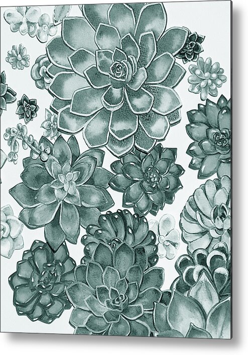 Succulent Metal Print featuring the painting Teal Gray Succulent Plants Garden Watercolor Art Decor II by Irina Sztukowski