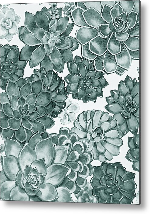 Succulent Metal Print featuring the painting Teal Gray Succulent Plants Garden Watercolor Art Decor IV by Irina Sztukowski