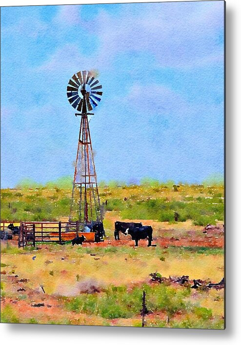 Windmill Metal Print featuring the painting Texas Landscape Windmill and Cattle by Carlin Blahnik CarlinArtWatercolor