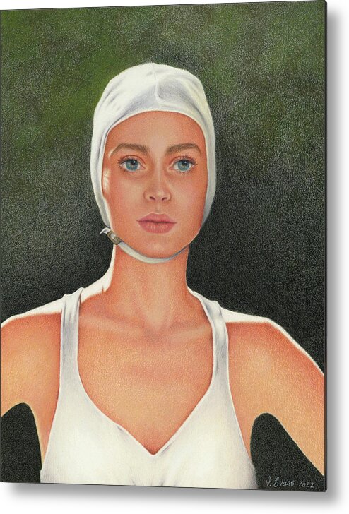 Swimming; Competition; Diving; Vintage Swimwear; Bathing Beauties; White Bathing Cap; White Swimsuit; Blue Eyes Metal Print featuring the painting The Competition by Valerie Evans