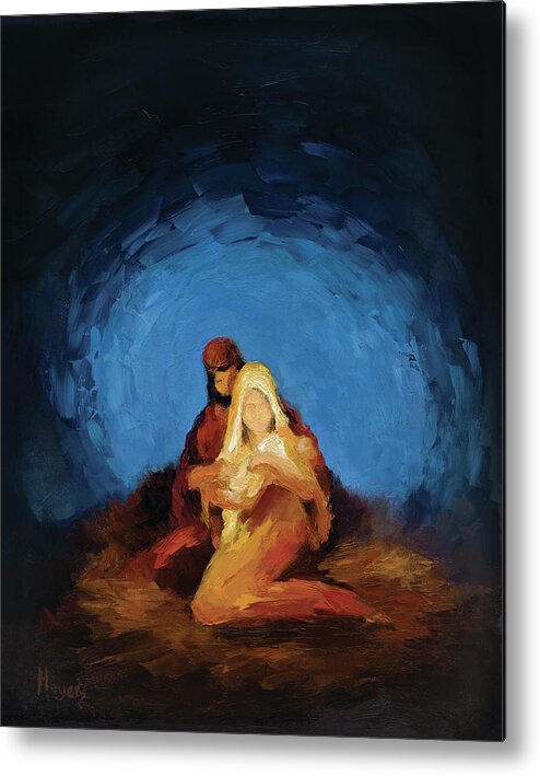 Mary Metal Print featuring the painting The Nativity by Mike Moyers