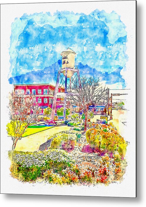 Water Tower Metal Print featuring the digital art The Water tower in Market Square, Grand Prairie, Texas - pen sketch and watercolor by Nicko Prints