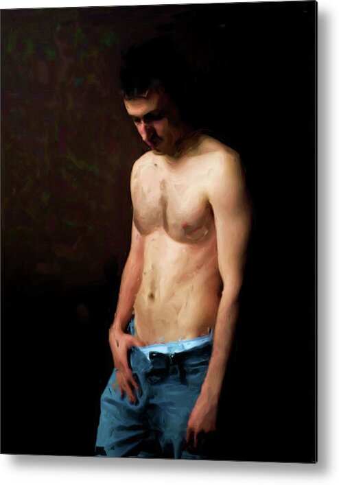 Thinking Metal Print featuring the painting Thinking with Jeans by Troy Caperton