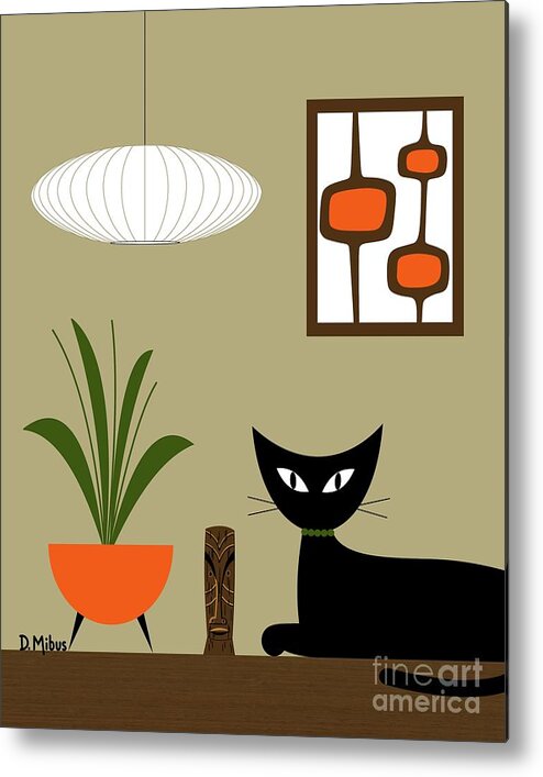 Mid Century Black Cat Metal Print featuring the digital art Tiki Tabletop Cat with Pods by Donna Mibus