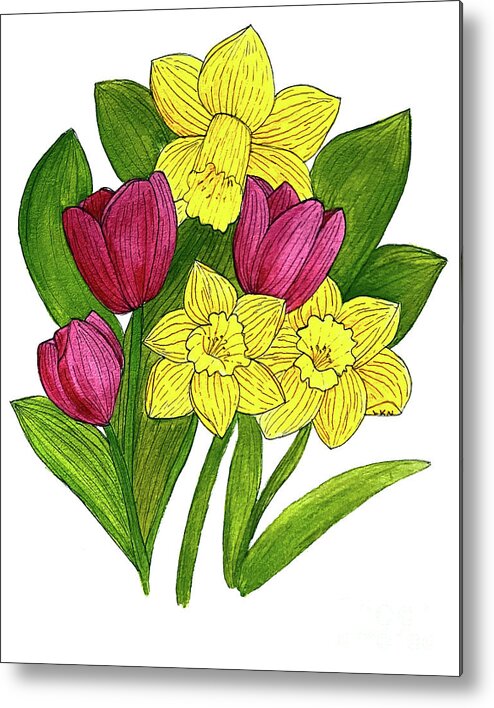 Daffodils Metal Print featuring the mixed media Tulips and Daffodils by Lisa Neuman