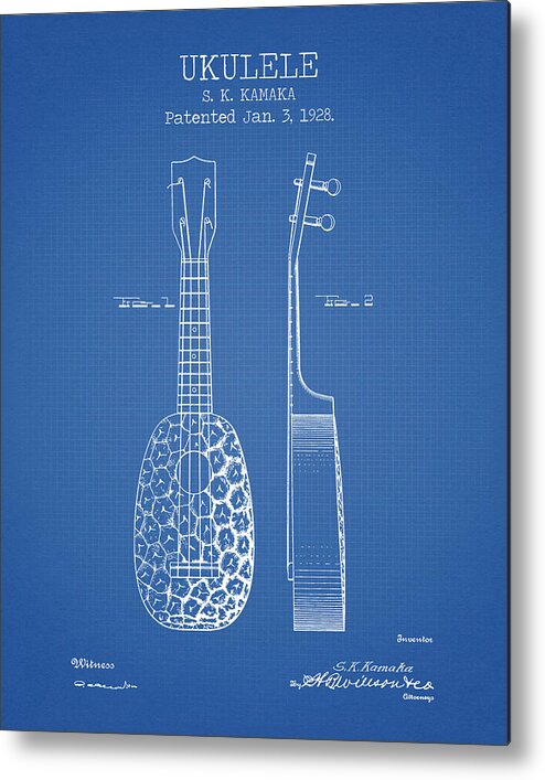 Ukulele Patent Metal Print featuring the digital art Ukulele blue patent by Dennson Creative