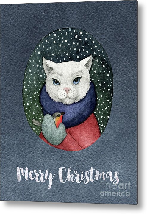 Cat Metal Print featuring the painting Watercolor Cat Winter Christmas Holiday by Modern Art