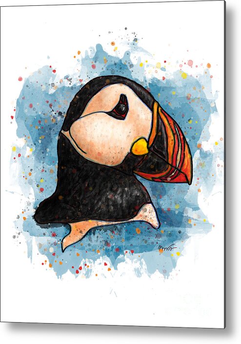 Watercolor Metal Print featuring the painting Watercolor puffin splatter art, Puffin head by Nadia CHEVREL