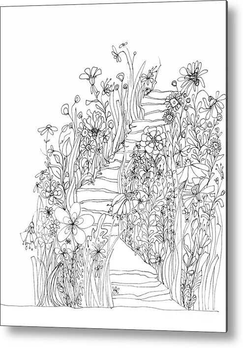 Wildflowers Stairs. Ink Drawing Art Metal Print featuring the drawing Wildflowers Stairs - Ink Drawing Art by Patricia Awapara