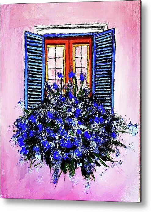  Metal Print featuring the painting Window Box with Blue Flowers by Amy Kuenzie