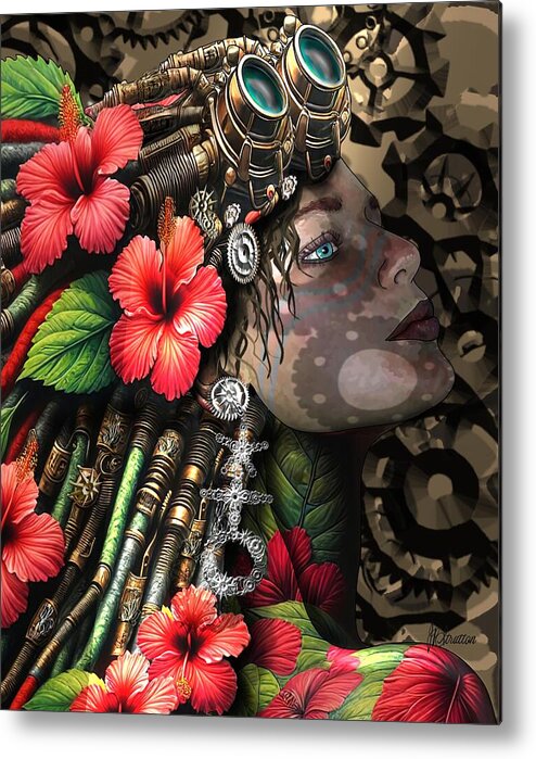 Steampunk Metal Print featuring the drawing Woman Dreadlocks And Red Hibiscus Flowers by Joan Stratton