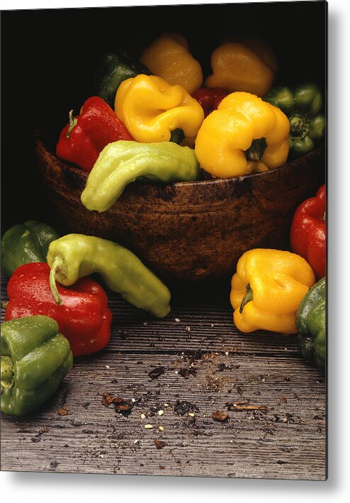 Large Group Of Objects Metal Print featuring the photograph Yellow, red and green peppers in bowl, (Close-up) by Paul Katz