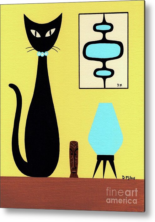 Mid Century Modern Black Cat Metal Print featuring the painting Yellow Tabletop Cat Beehive Lamp by Donna Mibus