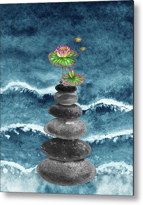 Zen Rocks Metal Print featuring the painting Zen Rocks Cairn Meditative Tower And Lotus Flower Watercolor by Irina Sztukowski