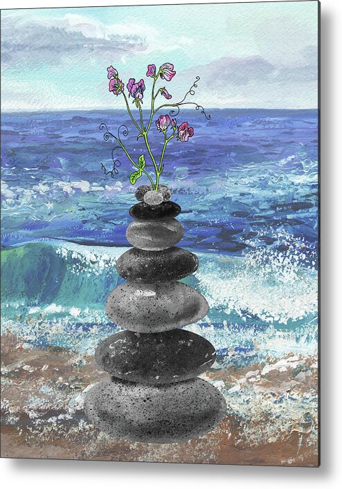 Cairn Rocks Metal Print featuring the painting Zen Rocks Cairn Meditative Tower And Sweet Pea Flower Watercolor by Irina Sztukowski