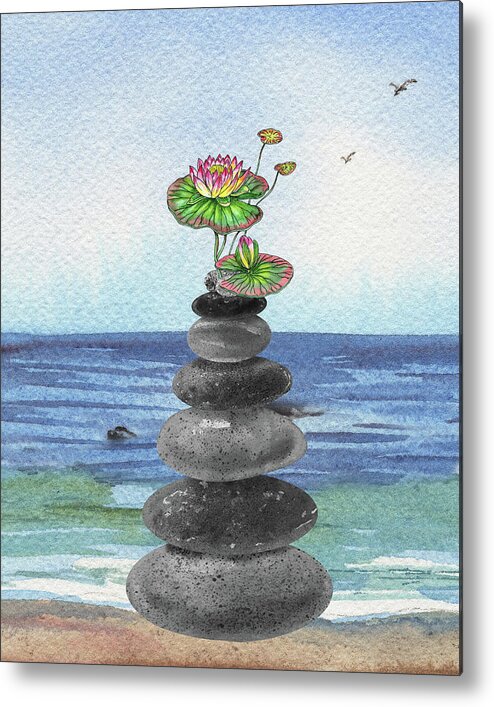 Cairn Rocks Metal Print featuring the painting Zen Rocks Cairn Meditative Tower And Water Lily Flower Watercolor by Irina Sztukowski