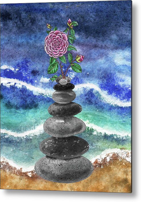 Zen Rocks Metal Print featuring the painting Zen Rocks Cairn Meditative Tower Pink Camellia Flower Watercolor by Irina Sztukowski