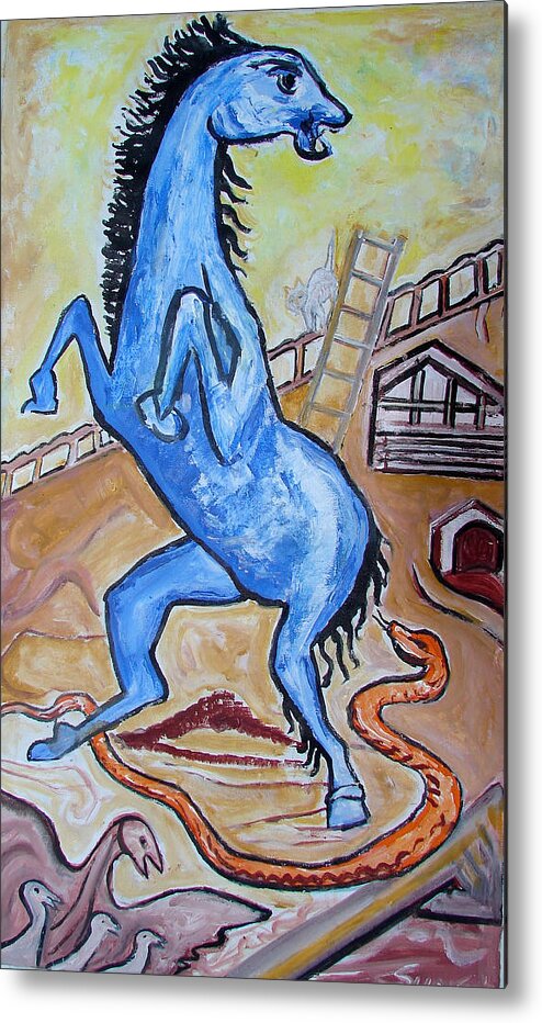 Paintings In Acrylics And Oils On --- Indian Saints Metal Print featuring the painting Horse Frightend by a snake by Anand Swaroop Manchiraju