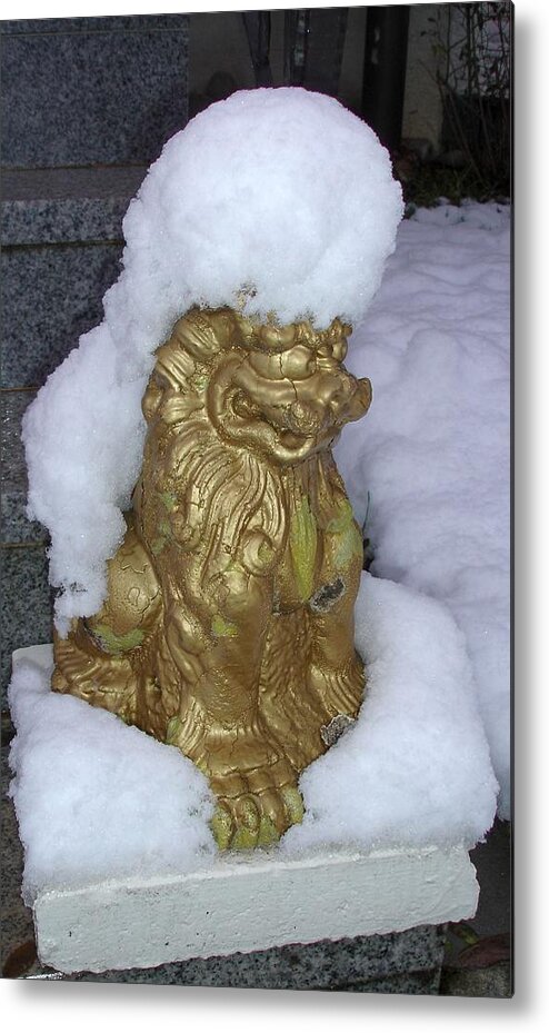 Traditional Metal Print featuring the photograph Ryukyuan Shisa Dog with Snow-hawk by Jeff at JSJ Photography