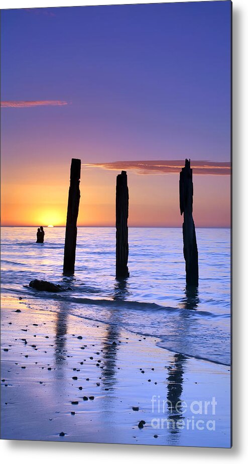 Sunset Jetty Ruin Pylons Beach Posts Port Willunga South Australia Seascape Australian Metal Print featuring the photograph Sunset Romance by Bill Robinson