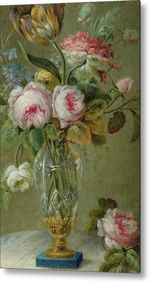 Rose Metal Print featuring the painting Vase of flowers on a table by Michel Bellange