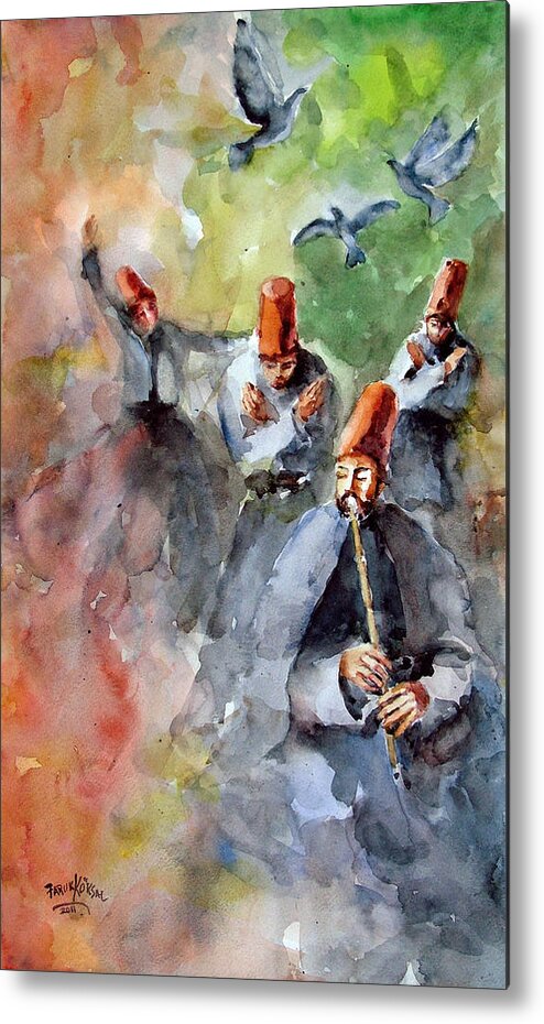 Mevlevi Cult Metal Print featuring the painting Whirling Dervishes and Pigeons     by Faruk Koksal