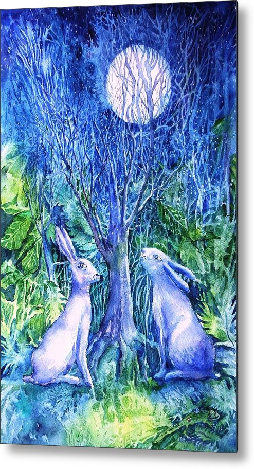 Winter Metal Print featuring the painting Winter Descends as Two Hares Contemplate an Owl by Moonlight by Trudi Doyle