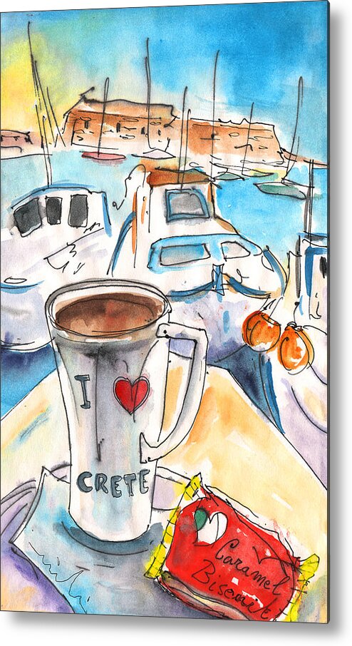 Travel Art Metal Print featuring the painting Coffee Break in Heraklion in Crete by Miki De Goodaboom