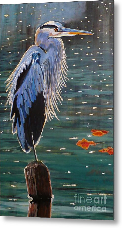 Sold Metal Print featuring the painting Heron in Blue by Janet McDonald