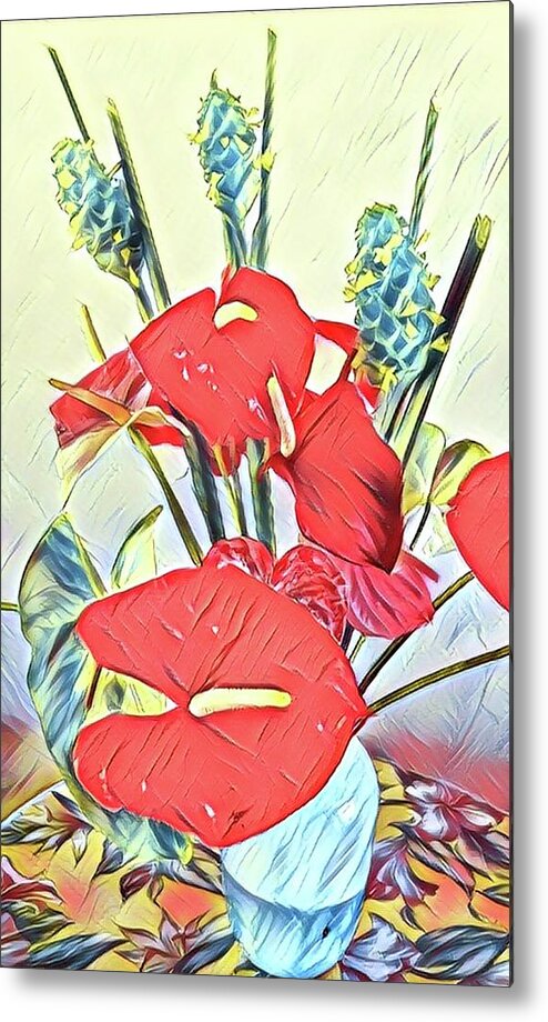 #alohabouquetoftheday #anthuriums #greenginger #blue Metal Print featuring the photograph Aloha Bouquet of the Day - Anthuriums and Green Ginger in Blue by Joalene Young