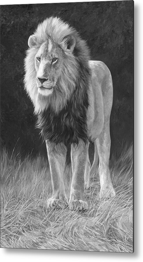 Lion Metal Print featuring the painting In His Prime - Black and White by Lucie Bilodeau