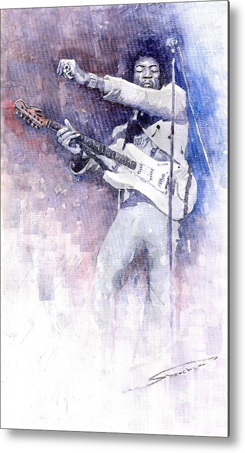 Watercolor Metal Print featuring the painting Jazz Rock Jimi Hendrix 07 by Yuriy Shevchuk