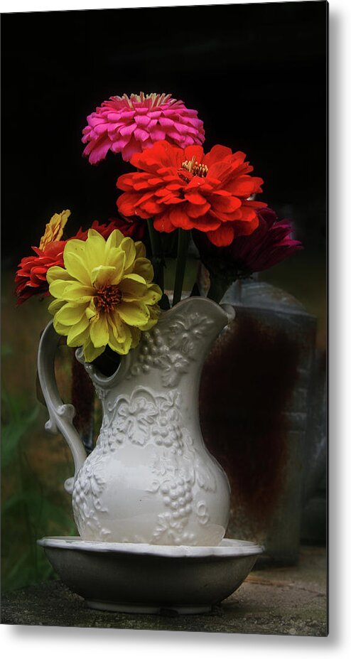 Pitcher Of Flowers Metal Print featuring the photograph Pitcher and Zinnias by Jeff Kurtz