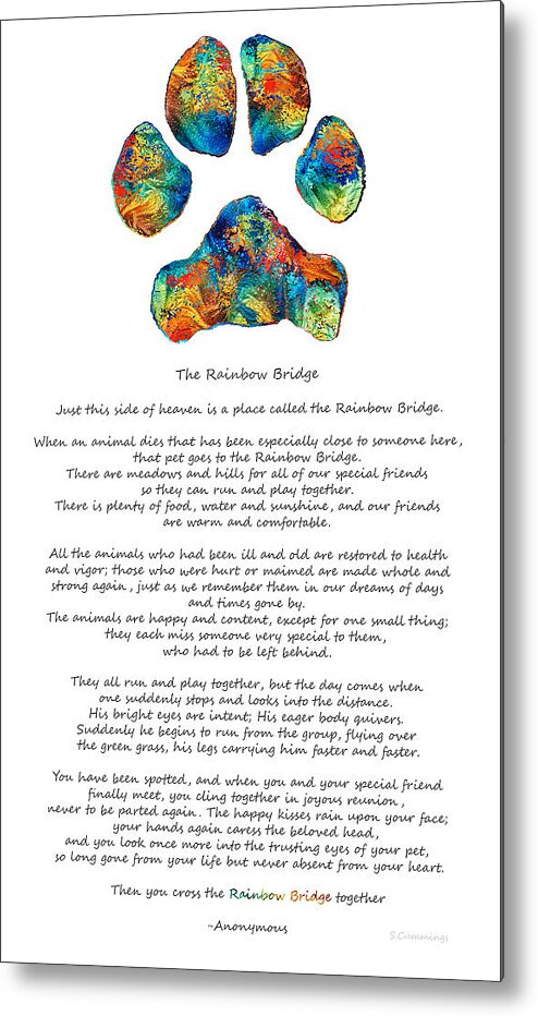 Rainbow Bridge Metal Print featuring the painting Rainbow Bridge Poem With Colorful Paw Print by Sharon Cummings by Sharon Cummings