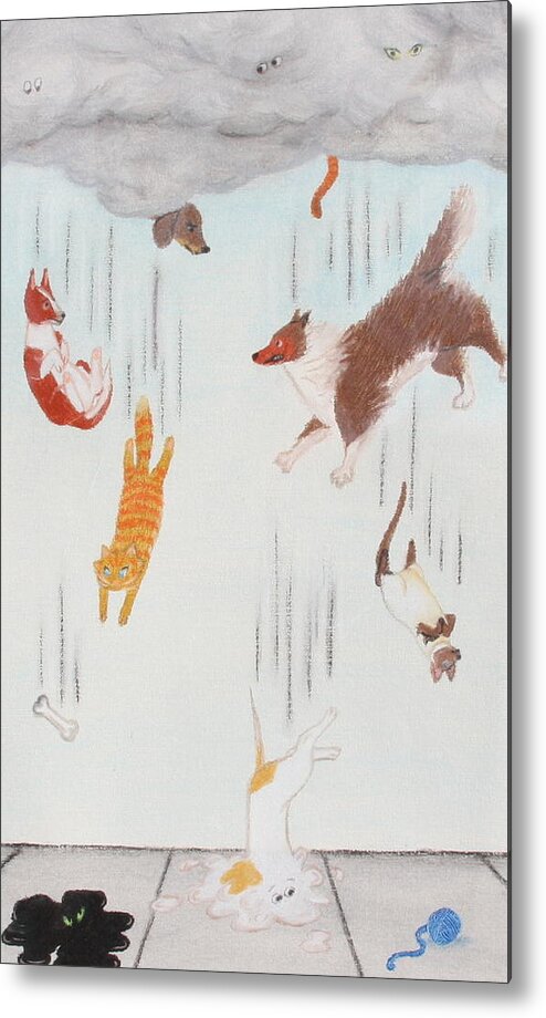 Dog Metal Print featuring the drawing Raining Cats and Dogs by Michelle Miron-Rebbe