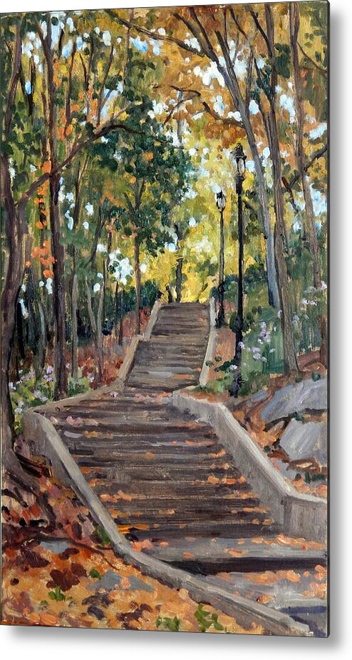 Oil Metal Print featuring the painting Isham Park Steps New York Autumn by Thor Wickstrom