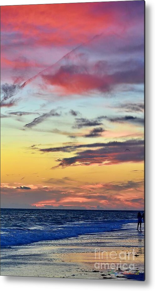 Lido Beach Sarasota Florida Sunset Families Enjoying Celebration July 4th Sand Sun Waves Clouds Beauty Orange Red Blue Gray Black Darkness Metal Print featuring the photograph Natures Fireworks Vertical by Gary F Richards
