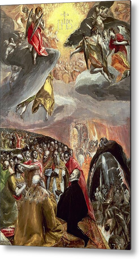 Alvise Mocenigo (1577) Metal Print featuring the painting The Adoration of the Name of Jesus - 16th century -. EL GRECO . Pope Pius V . PHILIP II OF SPAIN. by El Greco -1541-1614-