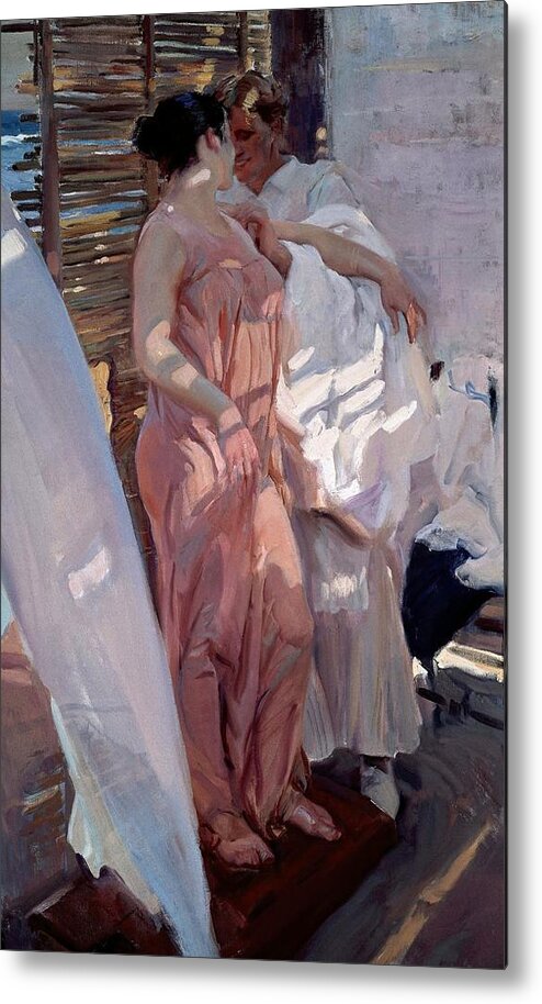 Joaquin Sorolla Metal Print featuring the painting 'The Pink Robe or After the Bath', 1916, Oil on canvas, 210 x 128 cm. by Joaquin Sorolla -1863-1923-