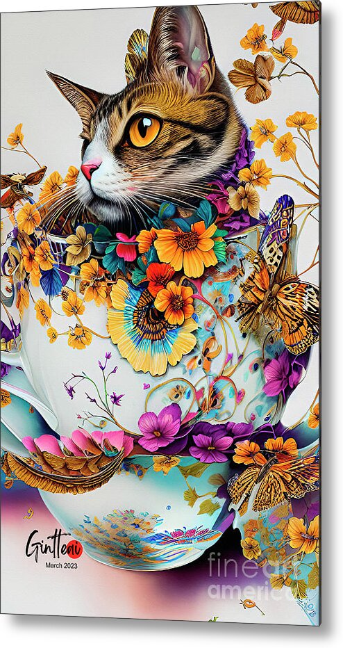 Digital Art Metal Print featuring the digital art Cat In A Cup Ginette In Wonderland Digital Art by Ginette Callaway