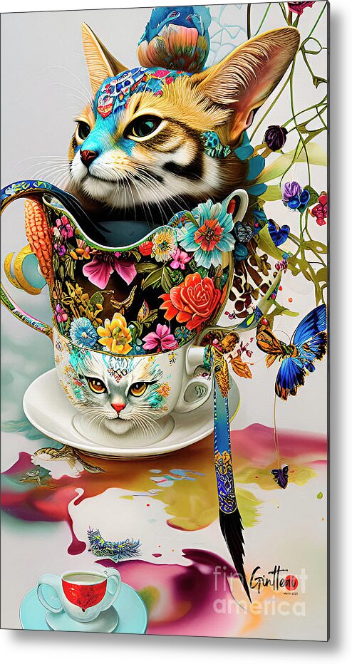 Digital Art Metal Print featuring the digital art Cats in A Cup 2 Ginette In Wonderland Decorative Art by Ginette Callaway